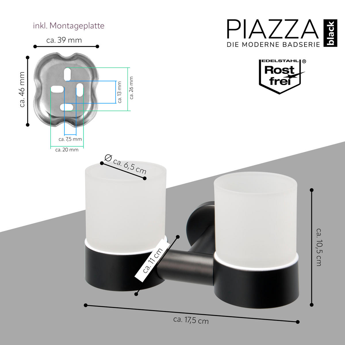 DOPPEL-GLASBECHERHALTER PIAZZA BLACK, schwarz - Schwarz, Kunststoff (17.5/10.5/11cm) - bremermann