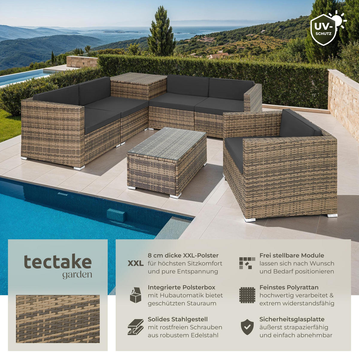 RATTANLOUNGE Pisa,inklusive großer Aufbewahrungsbox,natur - Naturfarben, Kunststoff - tectake