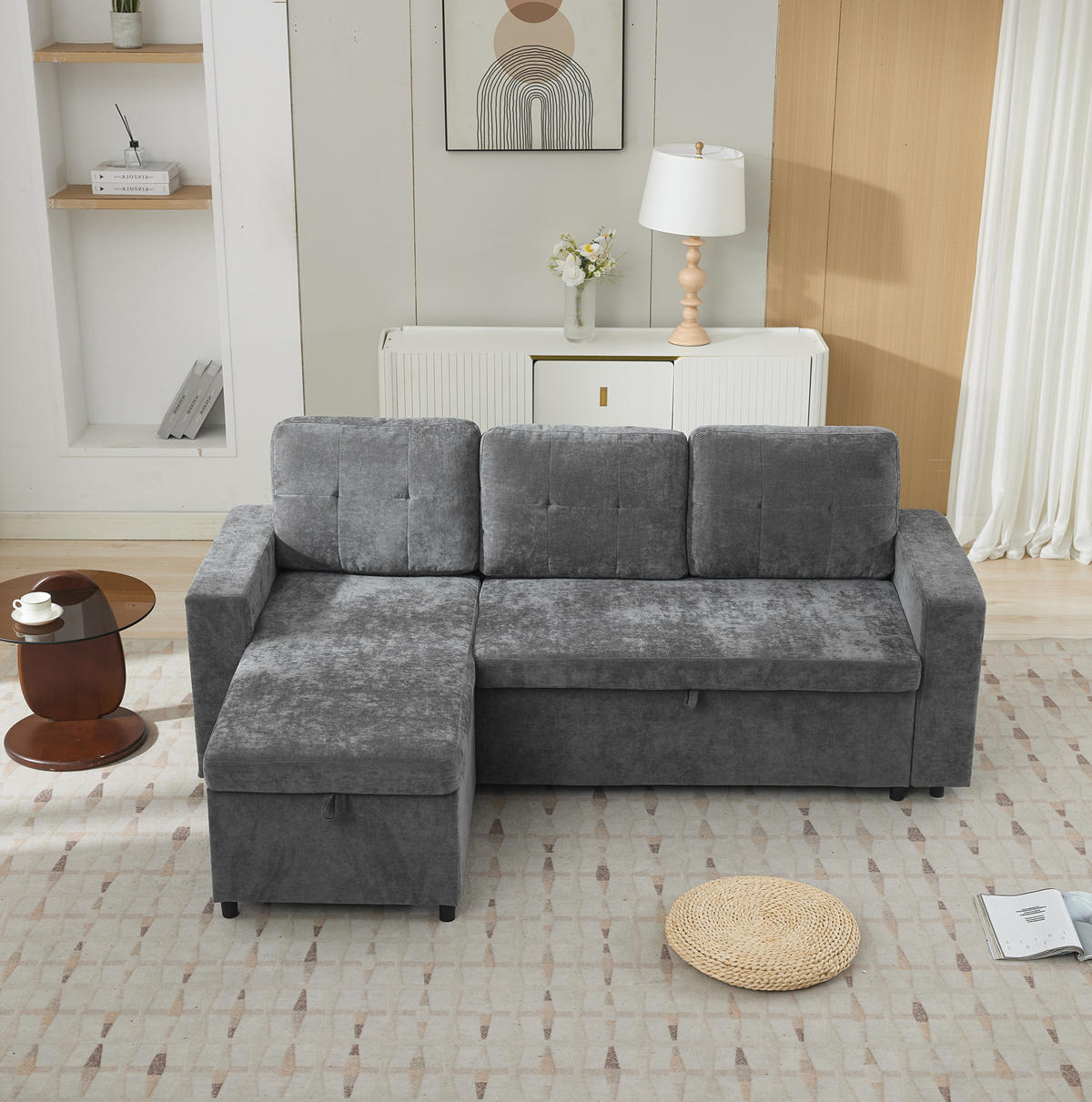 ECKSOFA 202/136/85 cm grau aus Chenille mit Stauraum - Grau, Textil (136/202cm) - OKWISH