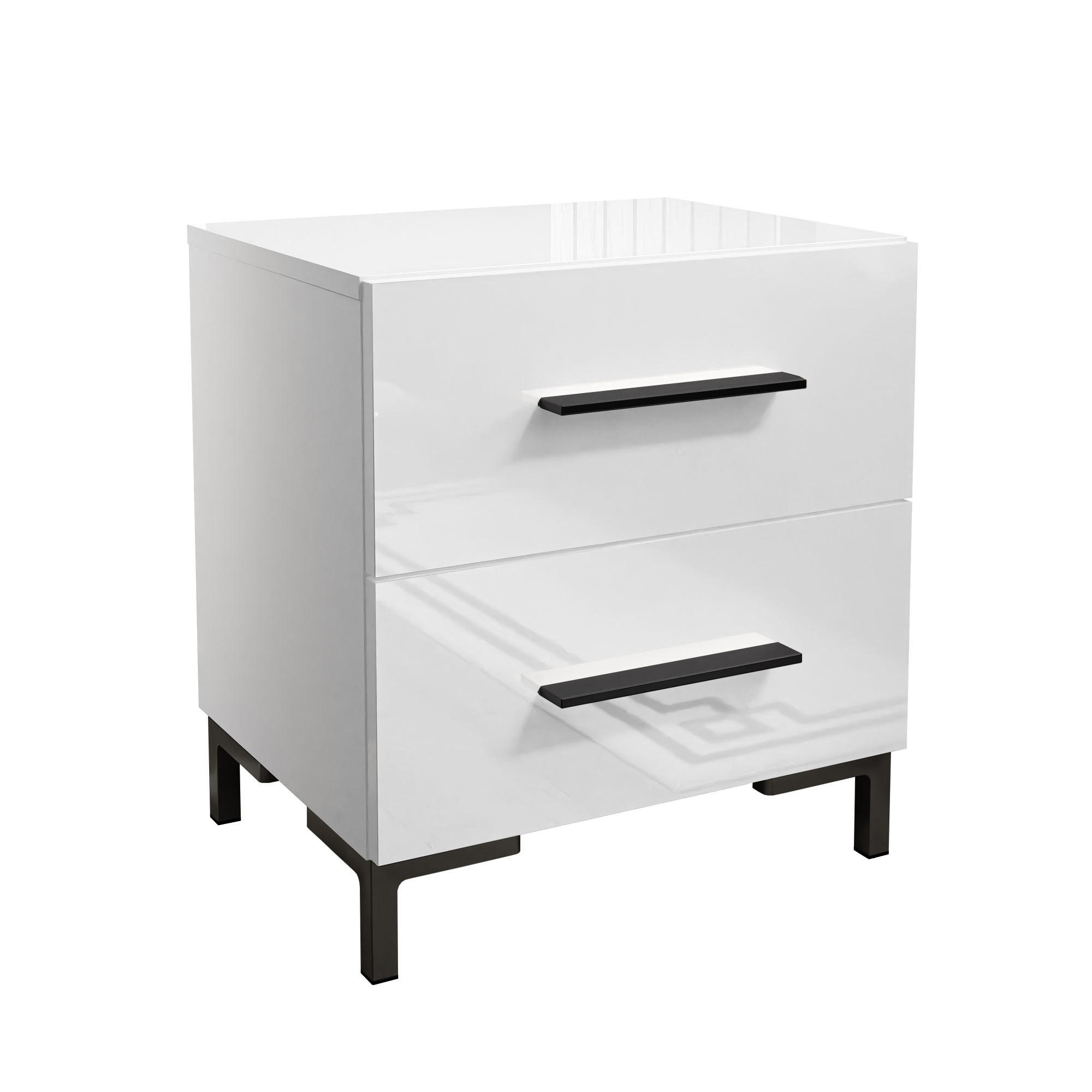 NACHTTISCH LINA LUX mit Griffen und Beinen, Hochglanzplatte – Beinfarbe: Schwarz - Weiß, Holzwerkstoff (45/50/38.5cm) - Lookway