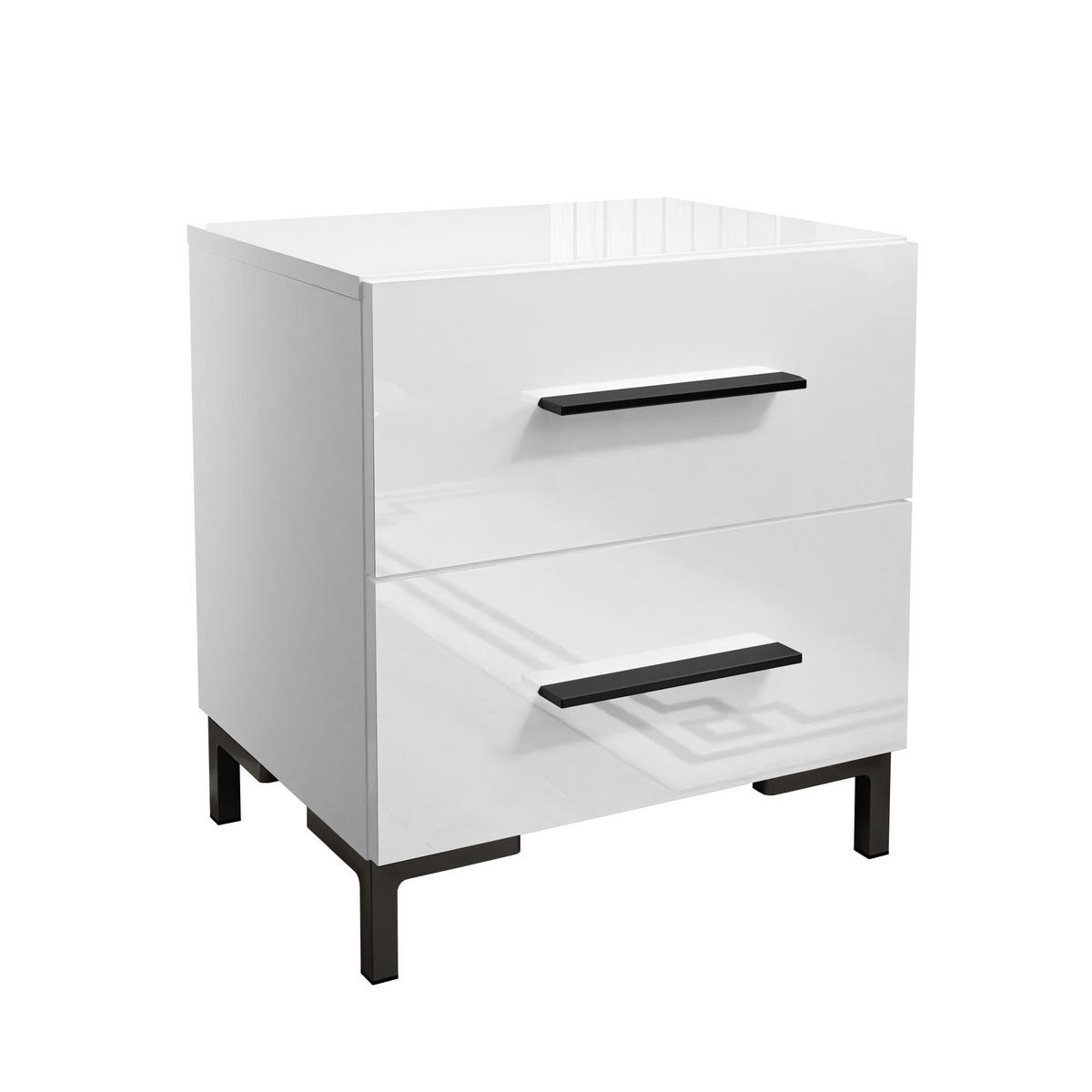 NACHTTISCH LINA LUX mit Griffen und Beinen, Hochglanzplatte – Beinfarbe: Schwarz - Weiß, Holzwerkstoff (45/50/38.5cm) - Lookway