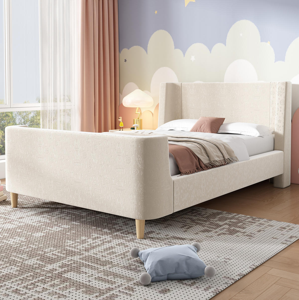 KINDEREINZELBETTEN aus Samt 90x200 cm in Beige mit Weltraummuster - Beige, Textil (90/200cm) - Modfu