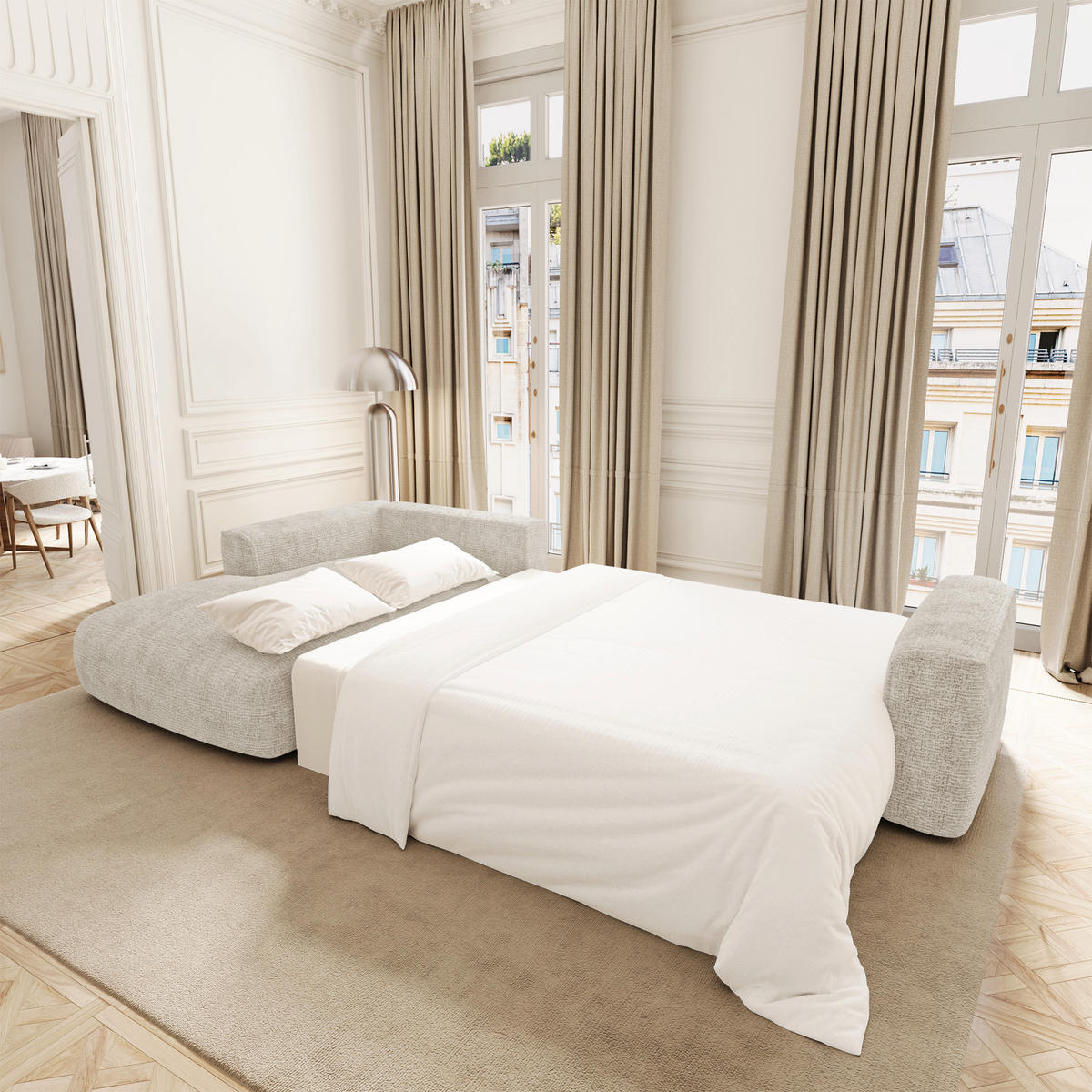 LINKSECK-SCHLAFSOFA mit Stauraum COMO Kettgewebe mit weichem Griff Creme 297cm - Creme, Textil (297/167cm) - Premium Interiors