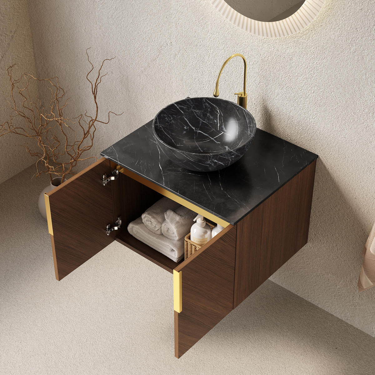 WASCHTISCHKOMBI 61x50x55.1cm Schwarz/Eiche mit Keramikbecken & Soft-Close - Eichefarben, Keramik (61/55.1/50cm) - Modfu