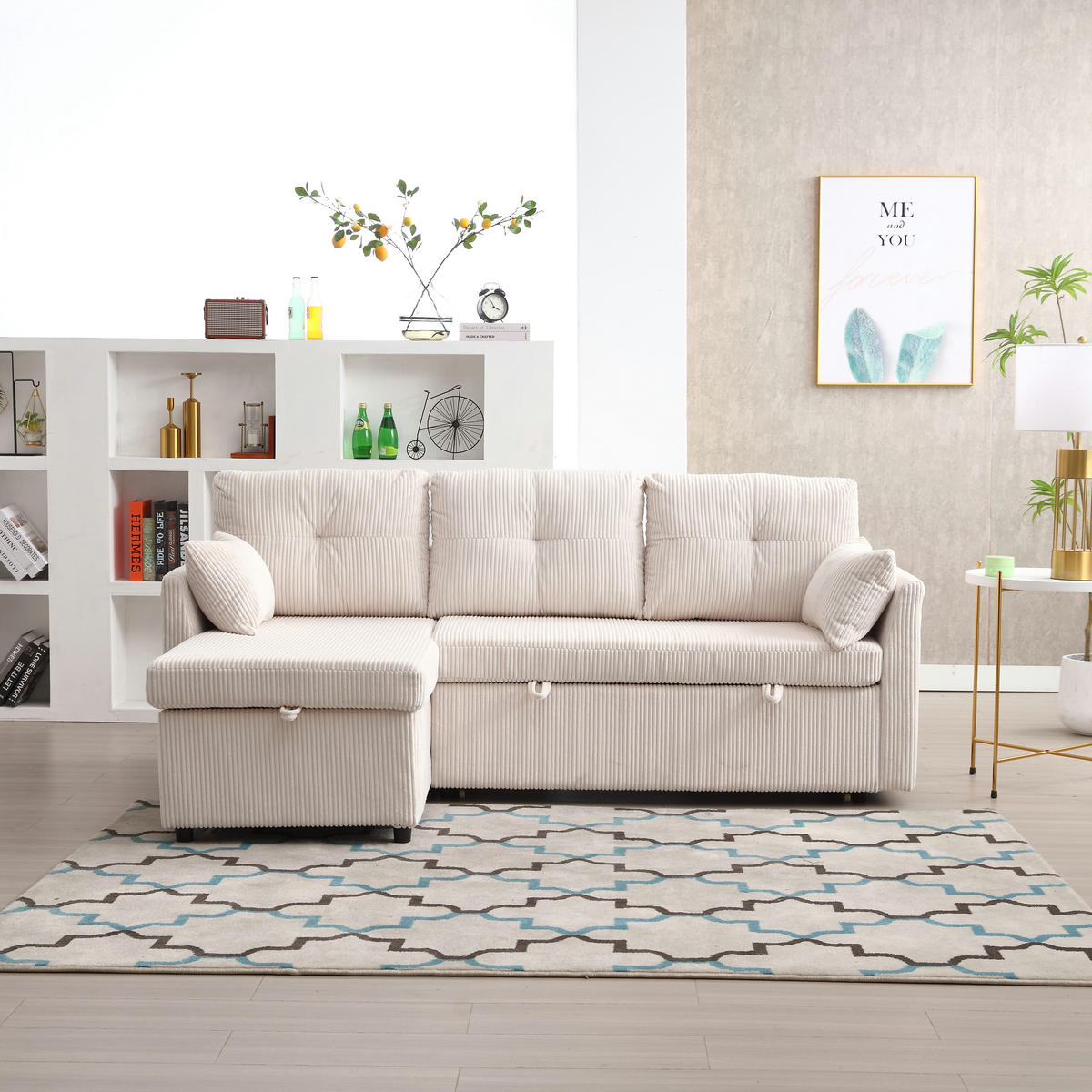 SCHLAFSOFA mit Stauraum, Ausziehbett und wechselbarer Chaiselongue - Beige, Textil (206/88/108cm)