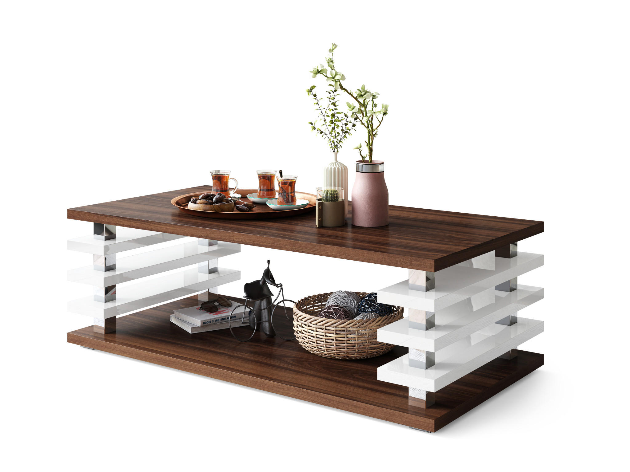 designimpex Couchtisch Nussbaum, Weiß Hochglanz 120x40x60 cm