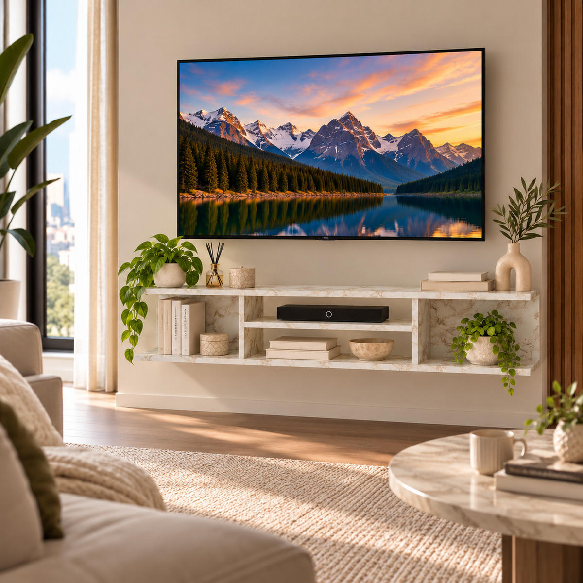 TV-ELEMENT Pivot Weiß Marmor Decor - Creme/Weiß, Holzwerkstoff (29.5/23.2/120cm) - Decorotika