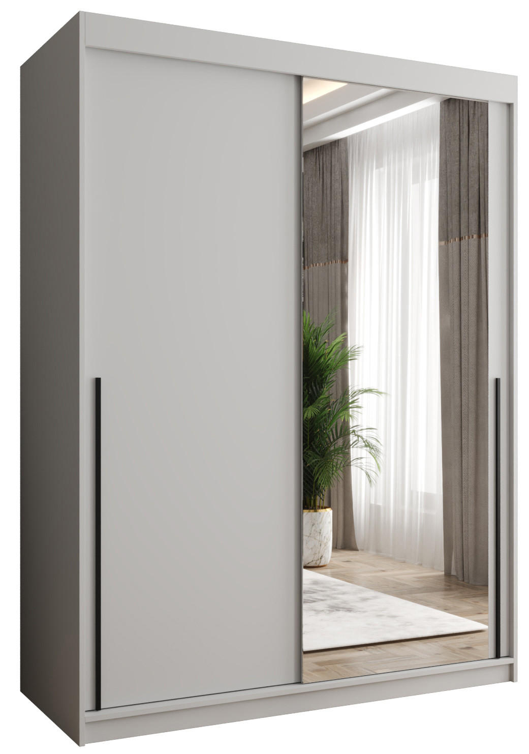 SCHIEBETÜRENSCHRANK mit Spiegel 150 cm Breite, weiß mit schwarzem Griff - Schwarz/Weiß, Holzwerkstoff (250/200/62cm) - Home Collective