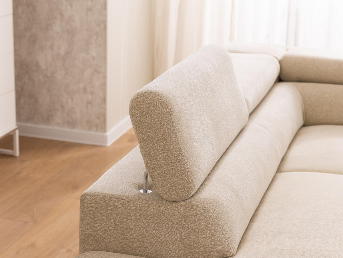 ECKSOFA mit Schlaffunktion und Bettkasten Bonnie aus Taupe Chenille-Stoff mit verstellbaren Kopfstützen und Armlehne - Ottomane links - Taupe/Schwarz, Holz/Textil (275/210cm) - S-Style Möbel