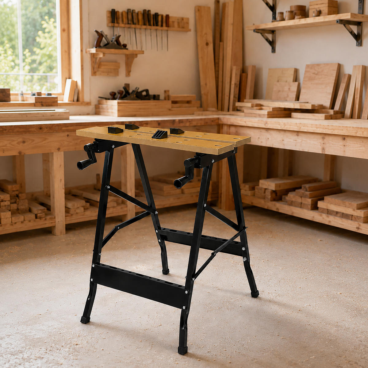 ARBETSBÄNK Natur svart hopfällbar med spännbackar stål MDF 76 cm - Svart, Träbaserade material/Metall (56/76/62cm) - Relaxdays