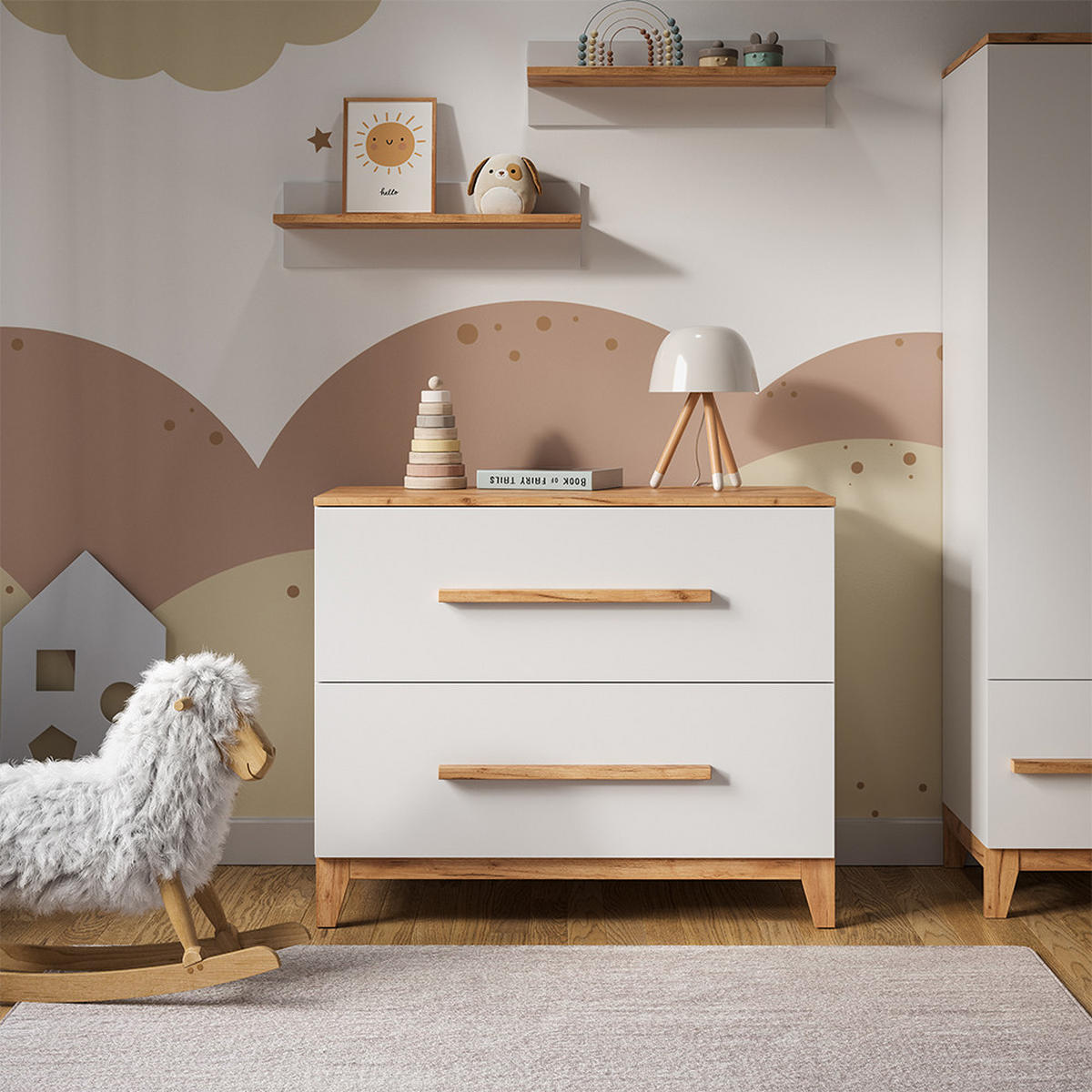 WICKELKOMMODE Malia Weiß/Artisan 108 x 98 cm mit 2 Schubladen - Hellgrau/Weiß, Holzwerkstoff (108/98/70cm) - VitaliSpa