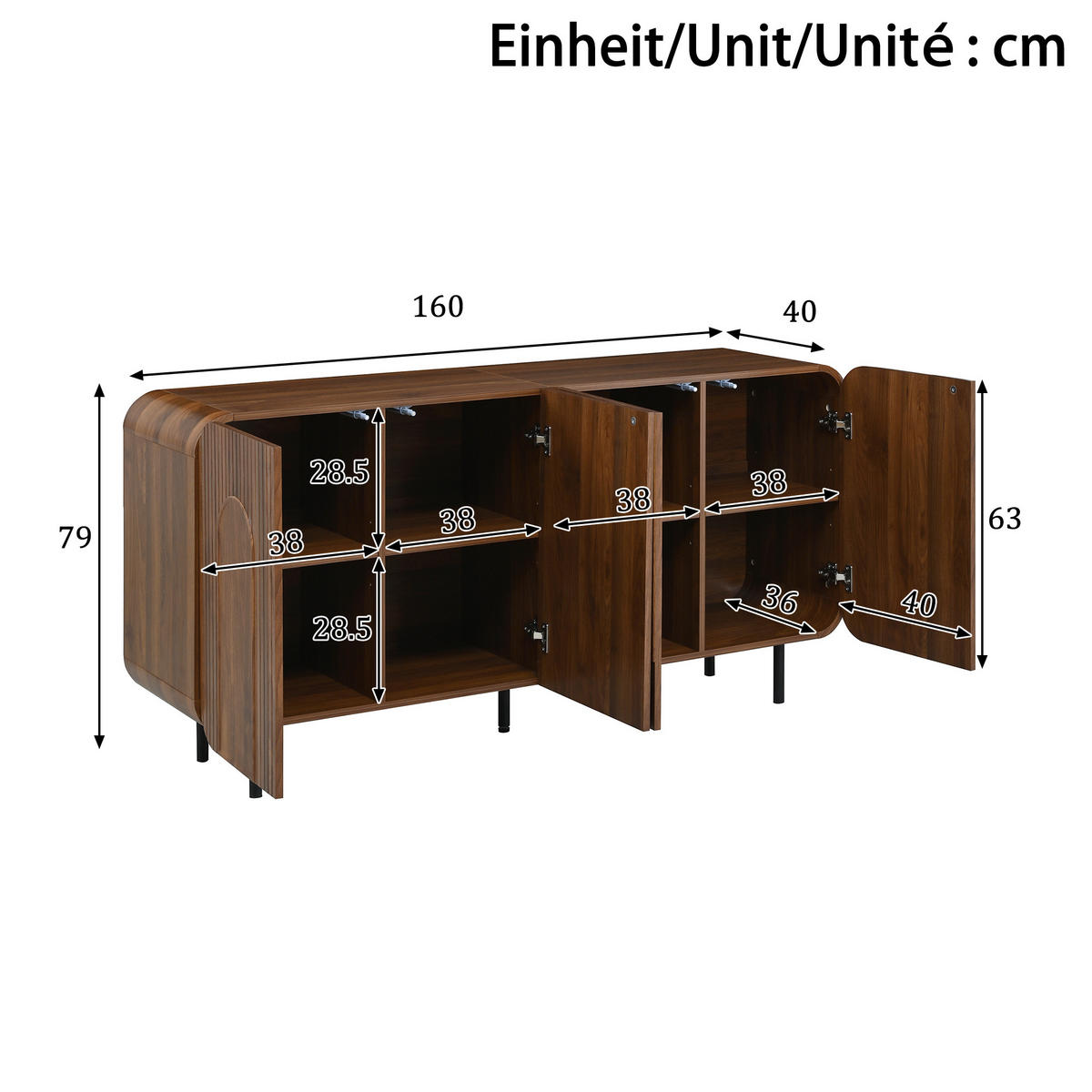 SIDEBOARD Mid-Century 4 Türen Nussbaum 8 Fächer modern - Walnussfarben, Holzwerkstoff (40/79/160cm) - FLIEKS