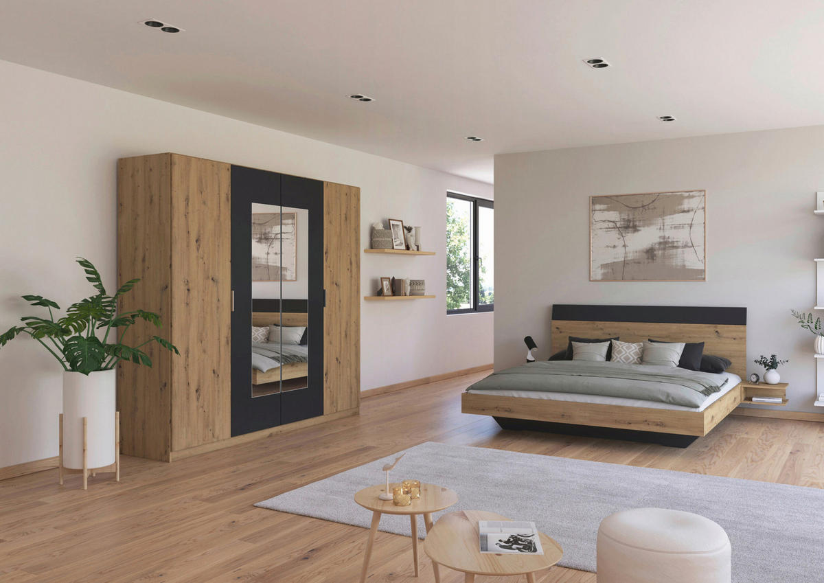 SCHLAFZIMMER Monza in Eiche Artisan und Grau Metallic mit Bettanlage 180x200cm, 2 Nachttischen und Drehtürenkleiderschrank 4türig mit Spiegel - Braun, Holzwerkstoff (80/200/120cm)