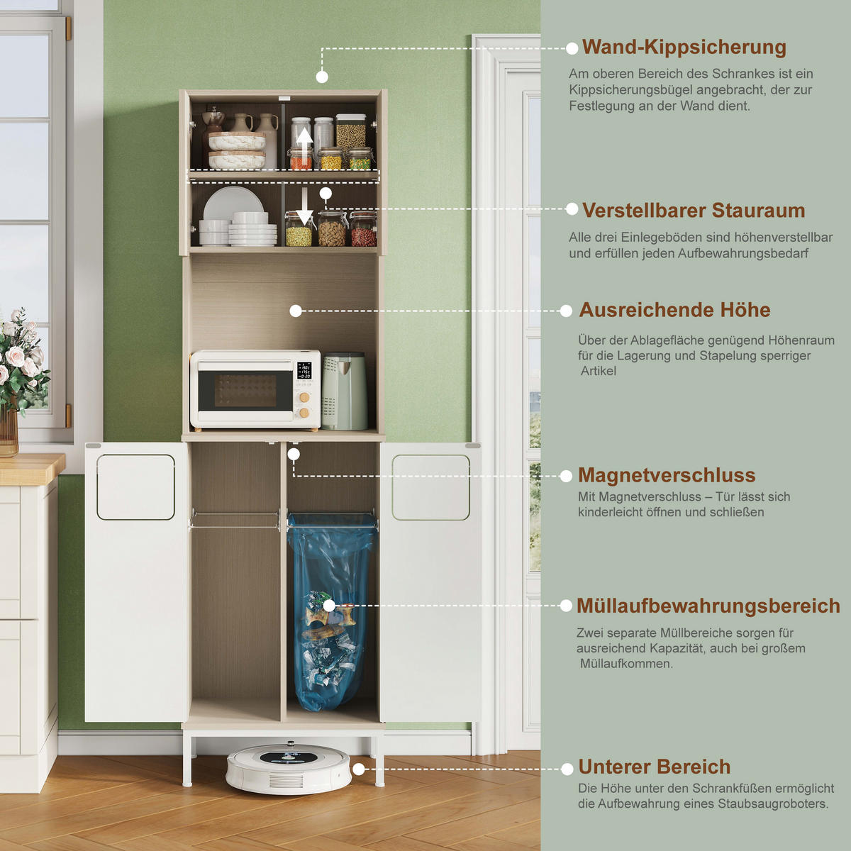 KÜCHENBUFFET 35/53/181 cm weiß aus MDF mit Müllfach - Weiß, Holzwerkstoff (35/181/53cm) - OKWISH