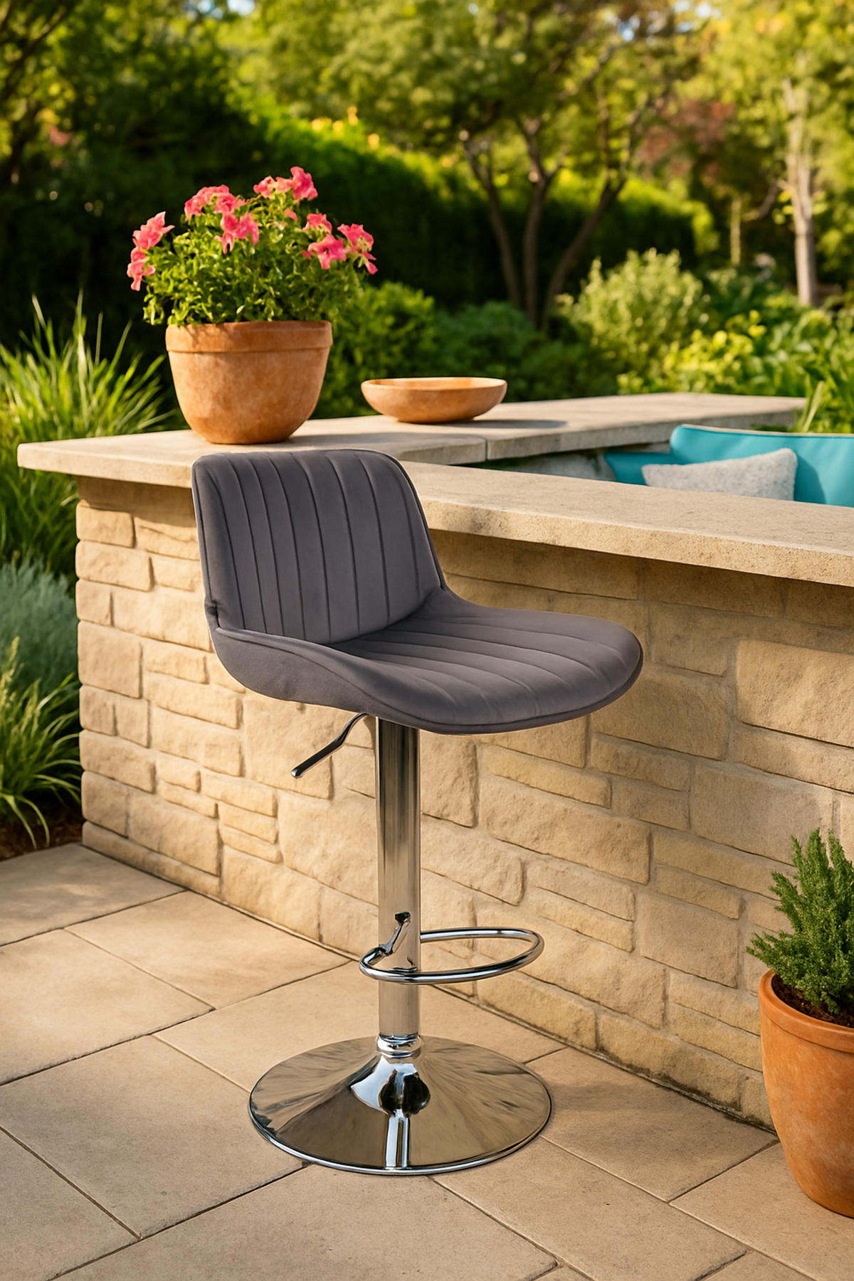 BARHOCKER Lento Gestell Metall in Chromoptik Samt Dunkelgrau - Chromfarben/Grau, Textil/Metall (50/108/50cm) - TPFLiving