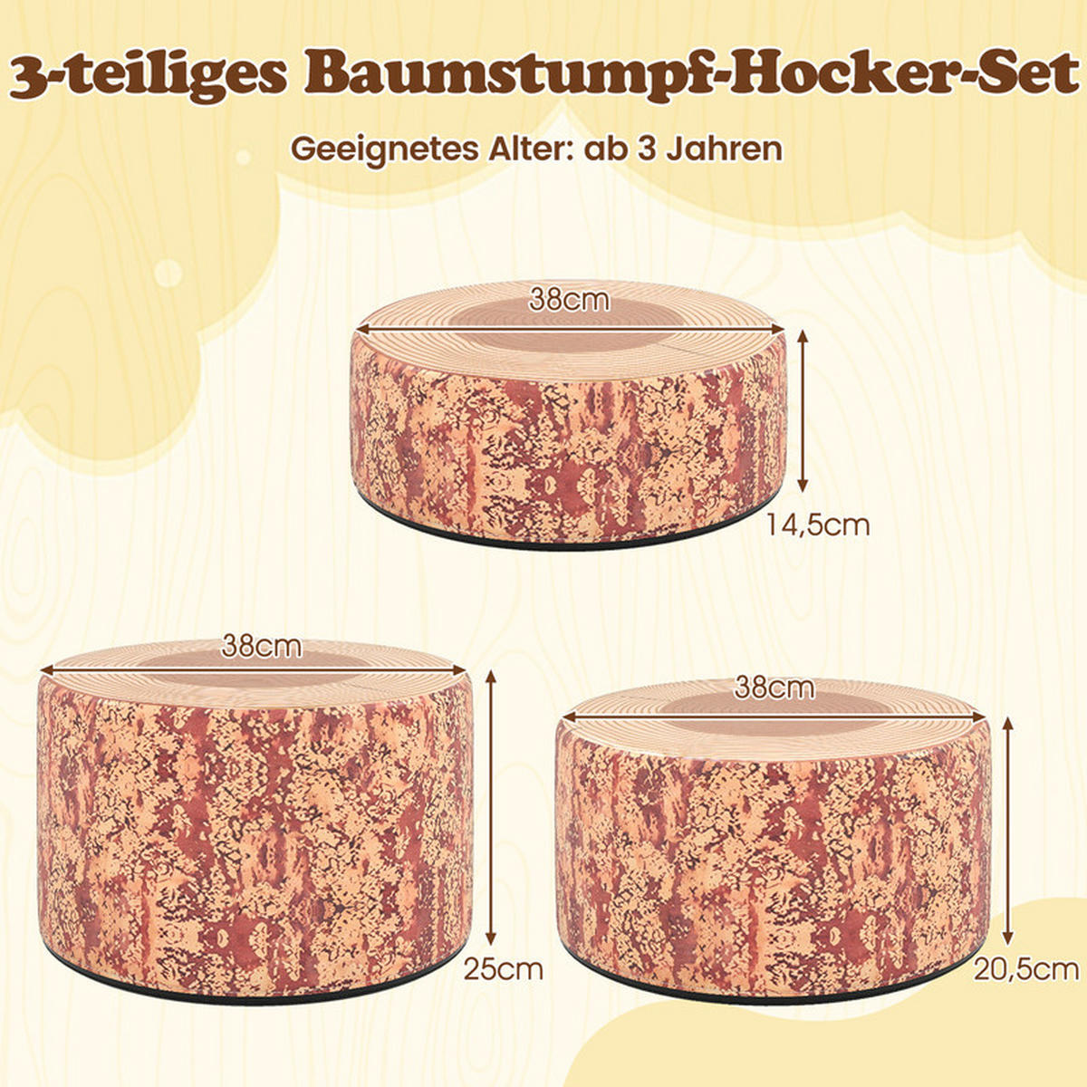 KINDERSITZGRUPPE aus Holz mit Muster braun(3-tlg) - Braun, Leder (38/25/38cm) - COSTWAY
