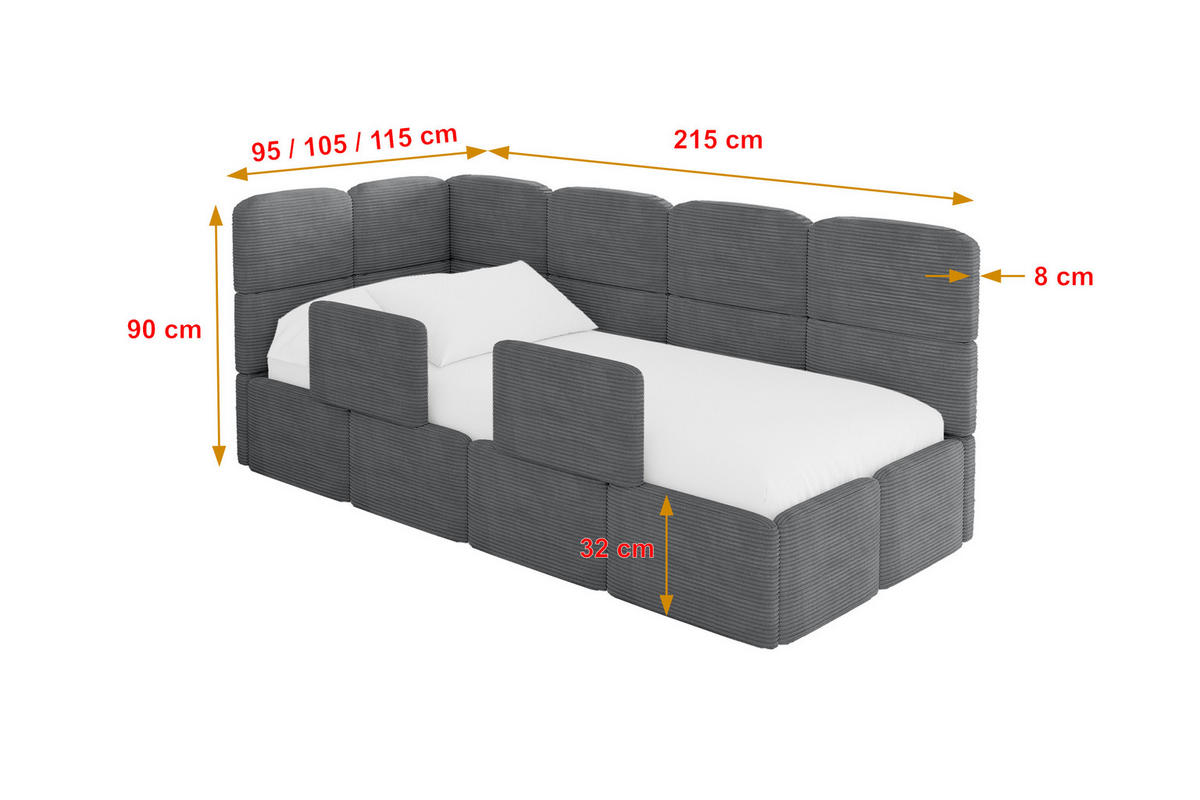EINZELLBETT Jugendbett mit Bettkasten und Matratze H3/H4, Rechts - KIVY 80x200 Dunkelgrau - Schieferfarben, Holzwerkstoff/Textil (80/200cm) - ALTDECOR