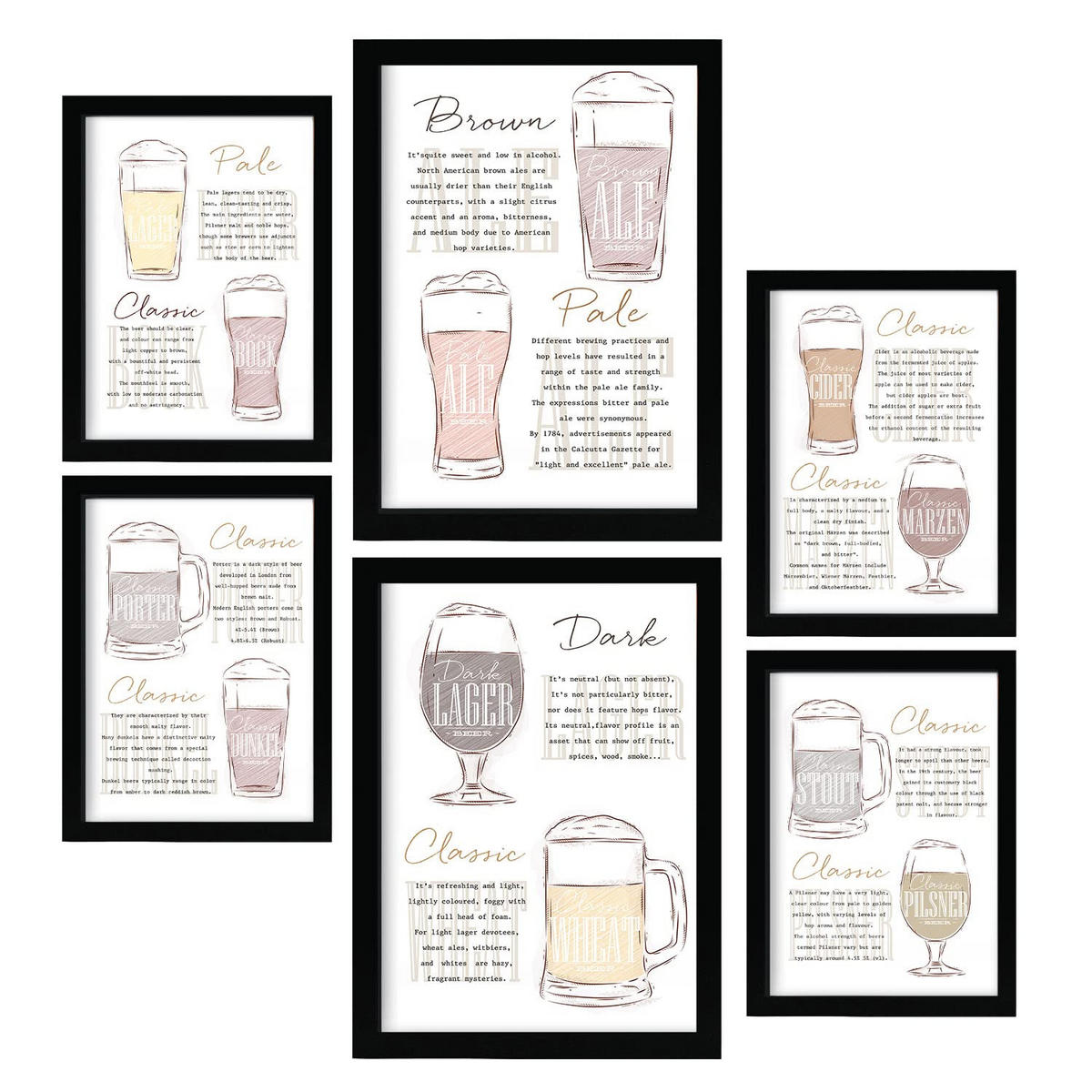 POSTER Set Mit 6 Ästhetisches Bier Größe A3 & A4 Schwarzer Rahmen - Schwarz, Papier (29.7/1cm) - Nacnic
