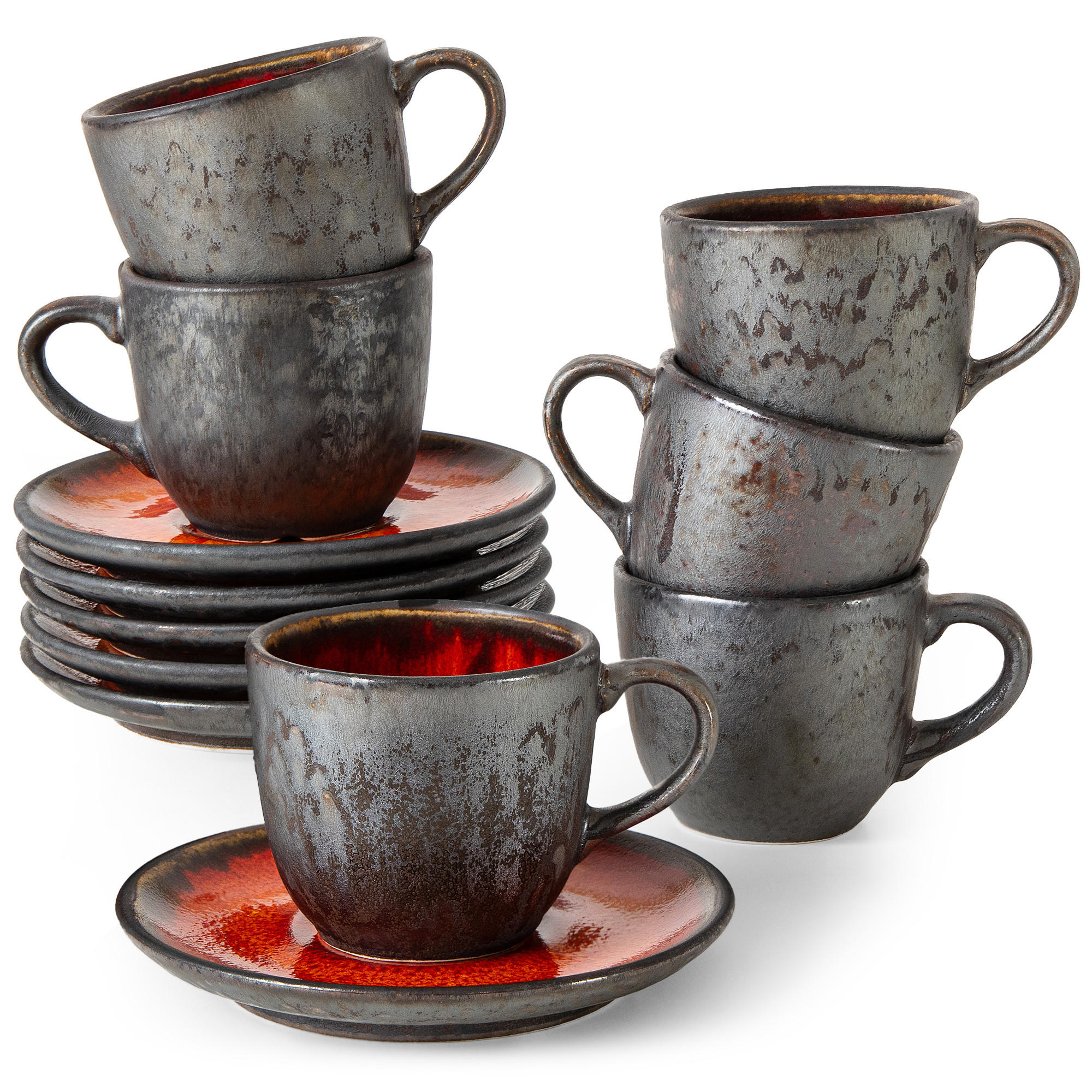KAFFEETASSE PRIMA, mit Untertasse, 6-tlg, Rot - Rot, Keramik (11/7/9cm) - KONSIMO®