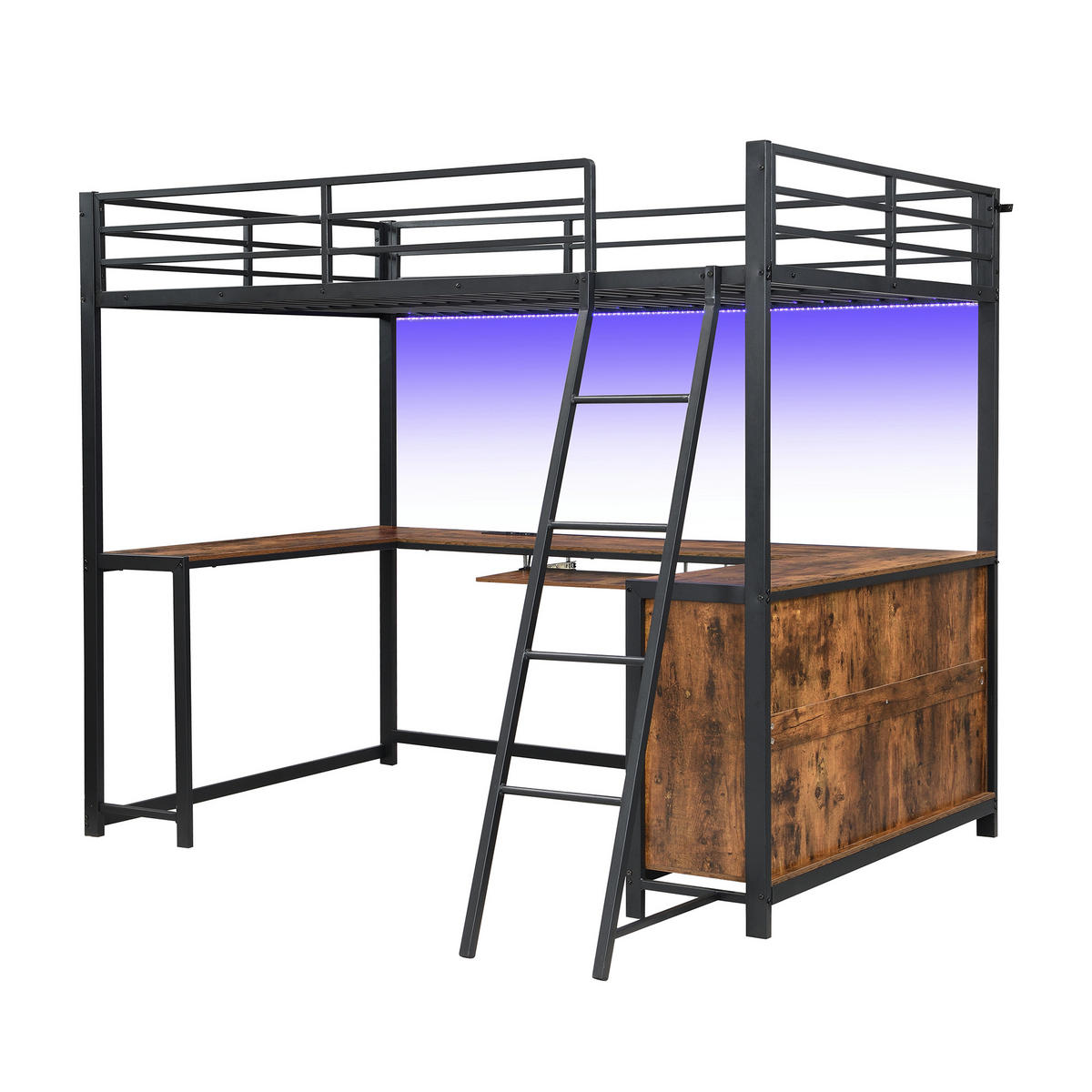 HOCHBETT 120/200 cm mit 3-seitigem Schreibtisch und LED, DE-41767, in Schwarz - Schwarz, Metall (120/200cm) - ComfortXL