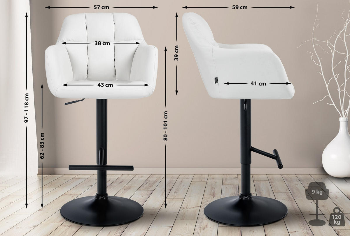 BARHOCKER Natoma Kunstleder 97-118x57x59 cm weiß - Weiß, Leder (57/97/59cm) - furnicato