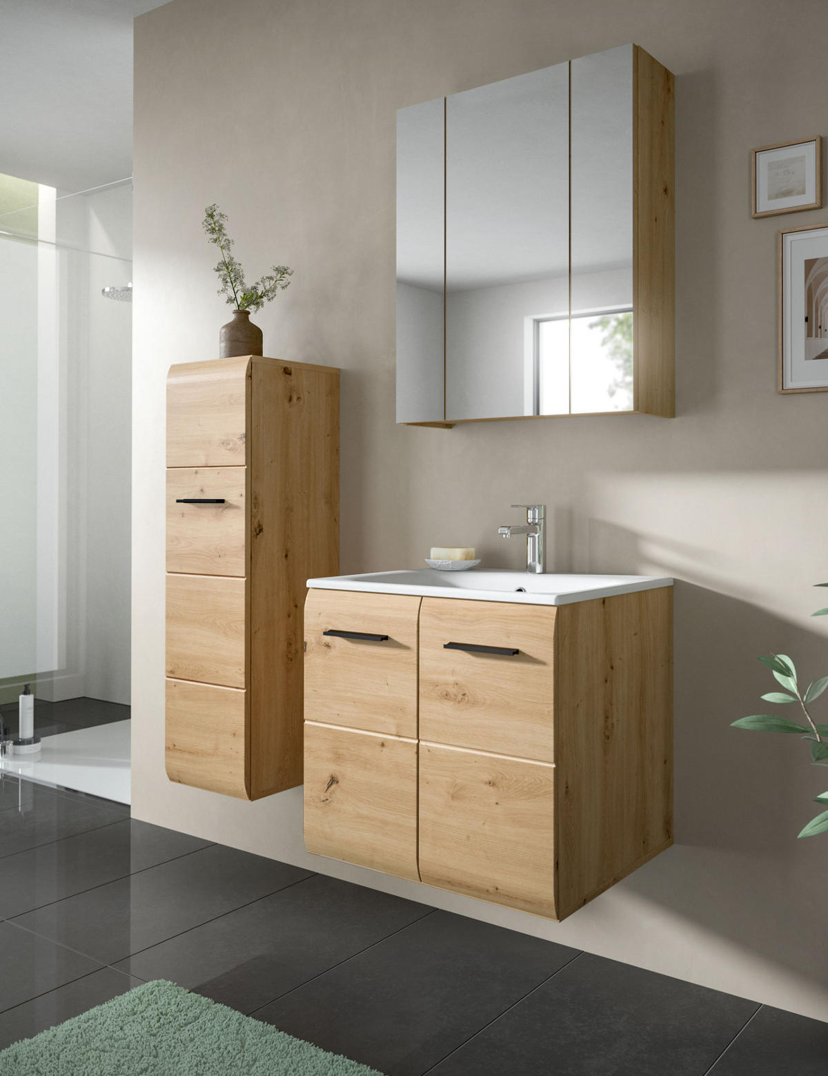 WASCHTISCH Eiche Artisan, Set Waschbeckenunterschrank hängend mit Waschbecken, Breite 60 cm - Schwarz/Eiche Artisan, Keramik/Holzwerkstoff (60/55/46cm) - Inn.Furn