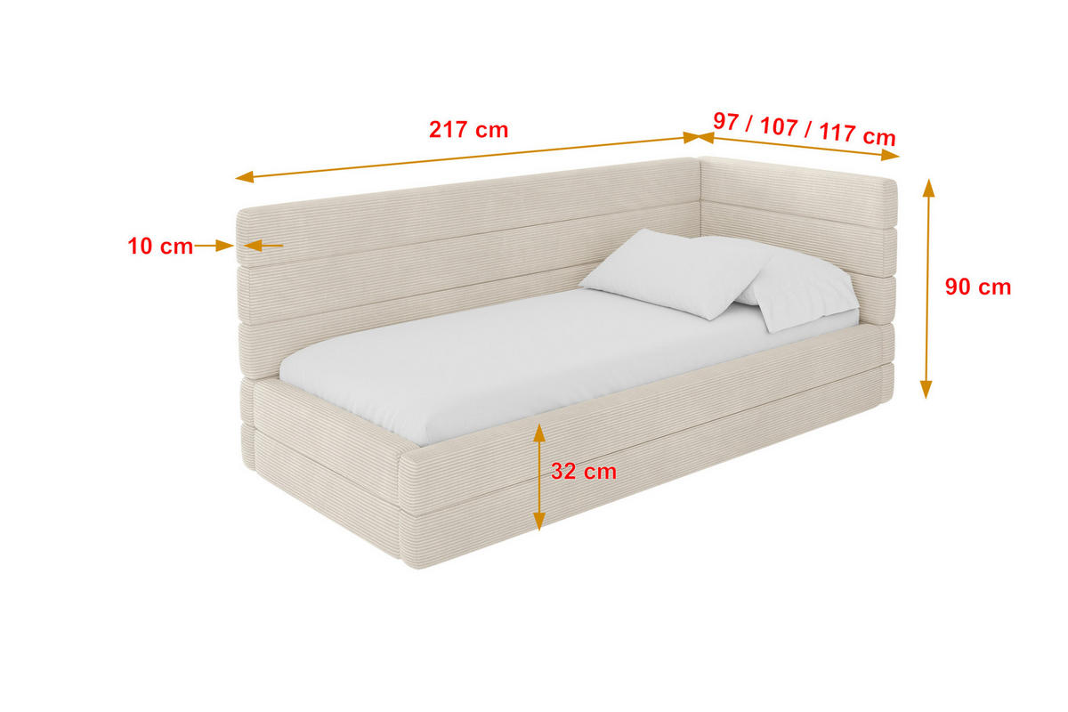 EINZELLBETT Jugendbett mit Bettkasten, Links - BEMY 90x200 Beige - Creme, Holzwerkstoff/Textil (90/200cm) - ALTDECOR