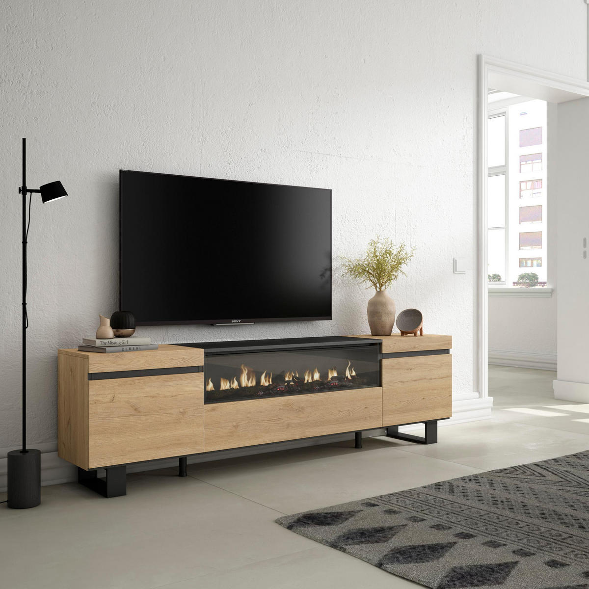 LOWBOARD Elektrokamin, eiche, schwarz, 200/35/57cm - Eichefarben/Schwarz, Holzwerkstoff (200/57/35cm) - Skraut Home