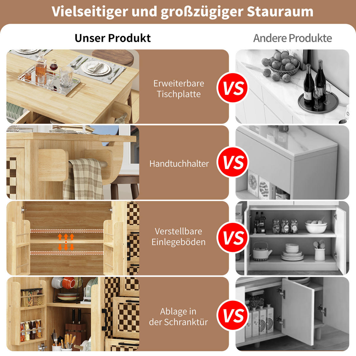 KÜCHENINSEL 120x45x92cm Natur mit Klapptisch & 3 Schubladen - Naturfarben, Holzwerkstoff (120/92/45cm) - Modfu