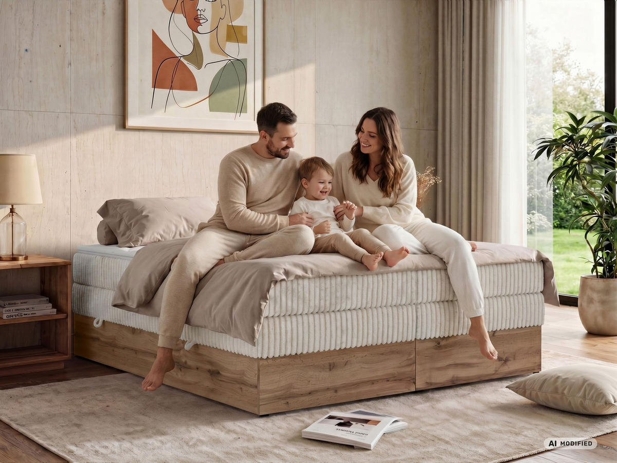 BOXSPRINGBETT WOOD ZERO KING 160/200 - Beige Cord - Topper Visco - H3 - Beige/Schwarz, Kunststoff/Textil (160/200cm) - MKS