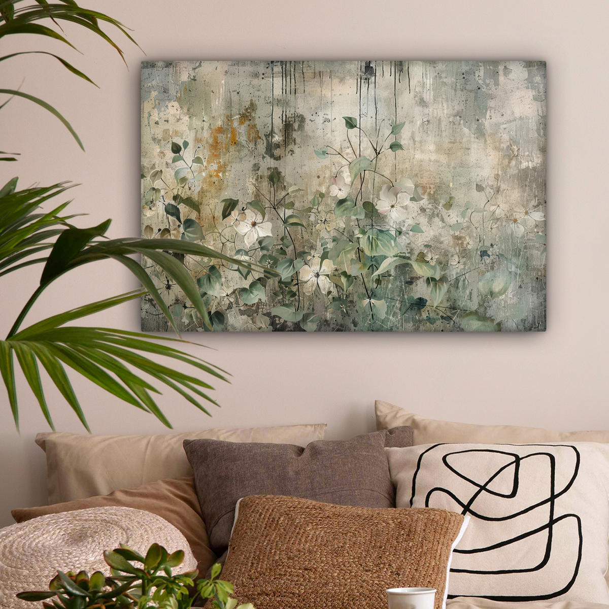 LEINWANDBILD - Blumen - Blätter - Abstrakt - Modern - 90x60 - Deko Wohnzimmer - Grau, Textil (90/60cm) - MuchoWow