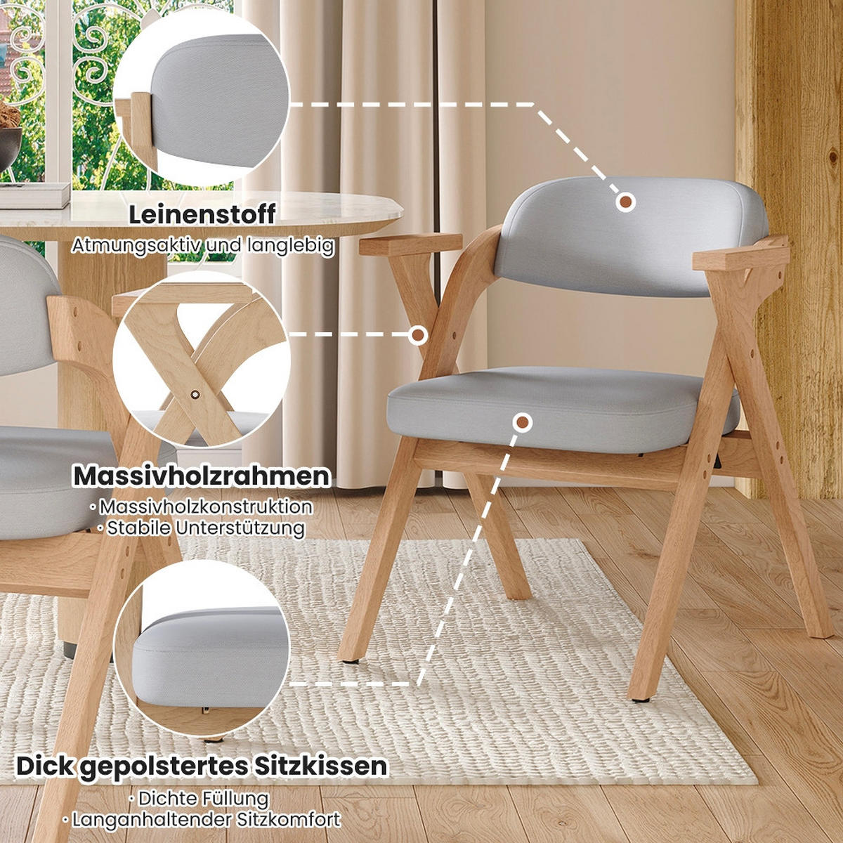 ARMLEHNENSTUHL 2-teiliges Set Esszimmerstühle KLAPPBAR, MASSIVHOLZ, Leinen Grau, für Wohnzimmer und Café, 66,5/76/64,5 cm - Grau, Holz (15.9/76/64.5cm) - Rolipo