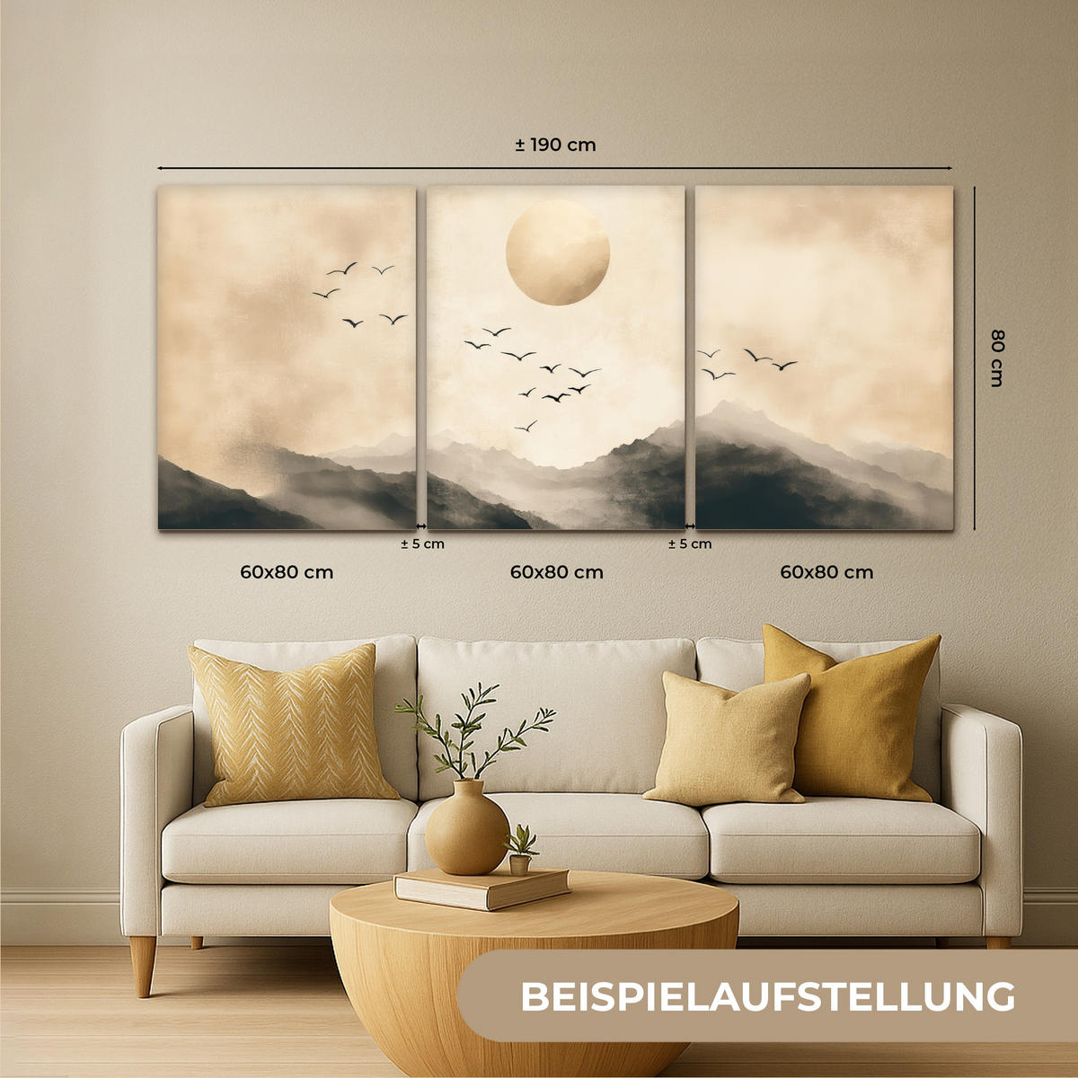 LEINWANDBILD 3er Set Landschaft - Japandi - Beige - Vögel 180x80 cm - Beige, Textil (180/80cm) - MuchoWow