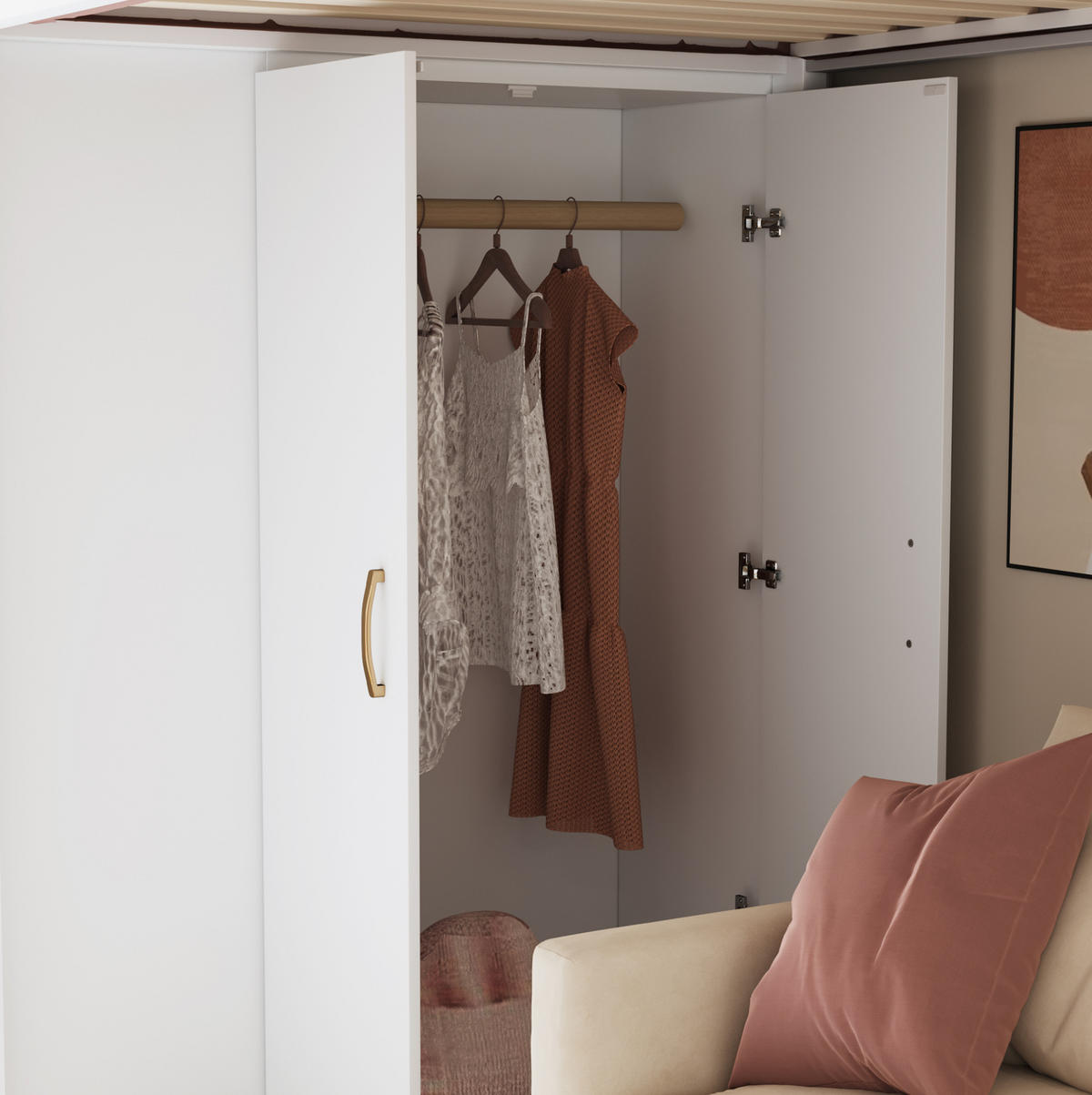 HOCHBETT aus Holz 90x200 cm Weiß mit Kleiderschrank, Regalen und Sicherheitsleiter mit Stauraum - Weiß, Holzwerkstoff (90/200cm) - Modfu