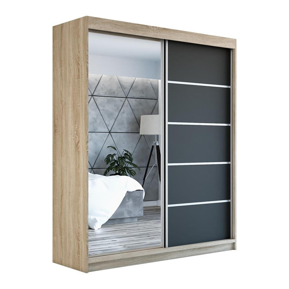 SCHWEBETÜRENSCHRANK 180 CM BERLIN Farbe: Sonoma , schwarz - Schwarz/Braun, Holzwerkstoff (180/215/59.5cm) - A&J MöbelLand