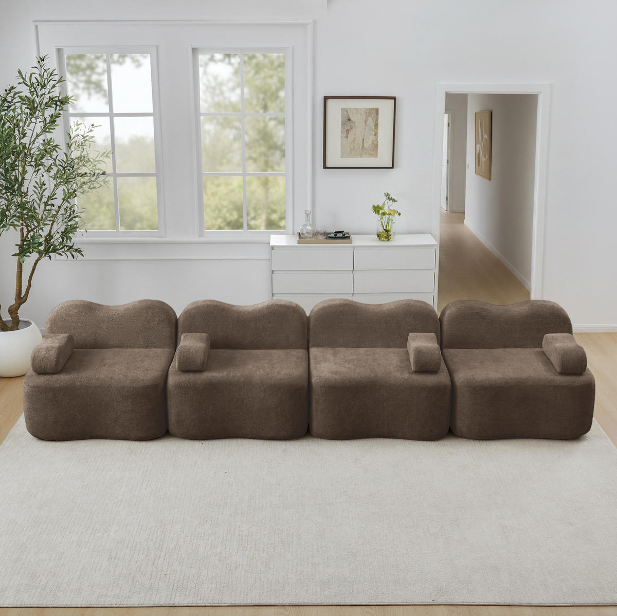 ECKSOFA 384/98/70 cm Braun aus Samt mit Wellenform, tiefer Sitzfläche und modularem Hocker - Braun, Textil (98/384cm) - OKWISH