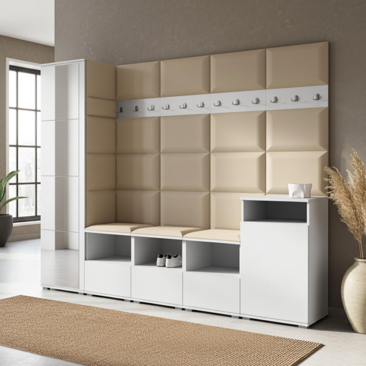 GARDEROBE NELA XI 250 cm (Modulare Flurmöbel Weiß mit Spiegel & Sitzpolster Beige 04 Großes Set) - Beige/Silberfarben, Holz/Holzwerkstoff (250/187/40cm) - Ravio