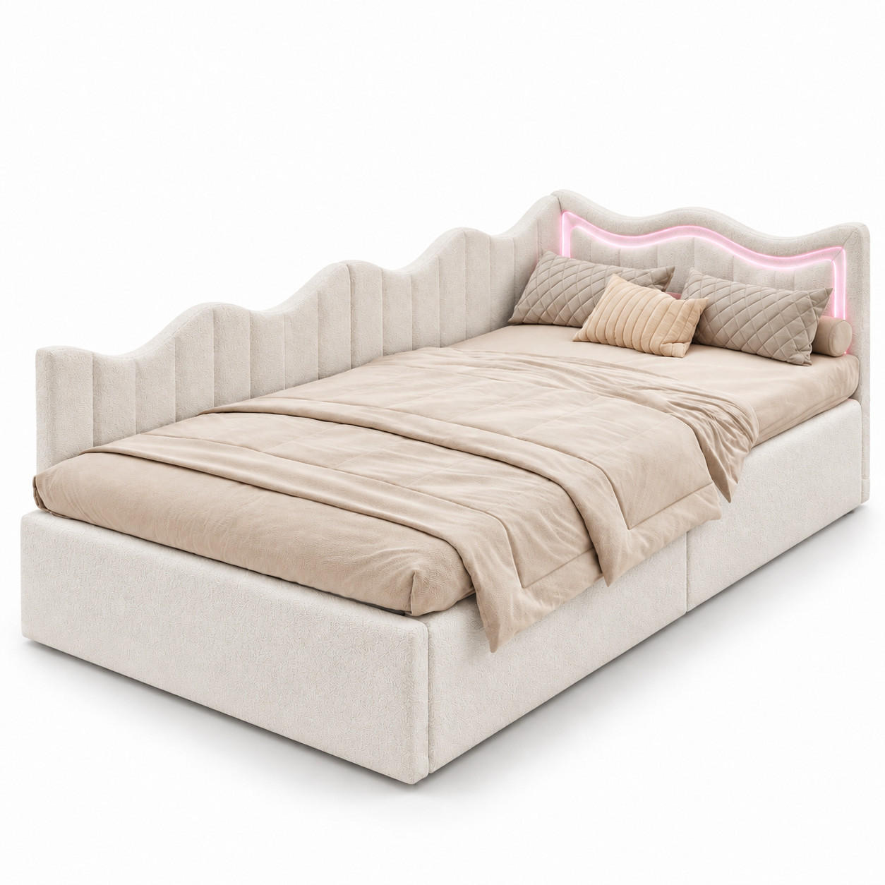 SCHLAFSOFA Samt cremeweiß mit RGB-LED-Beleuchtung, Fernbedienung, großem Stauraum unter der Liegefläche - Beige, Metall (97/75/213cm) - Joyfair
