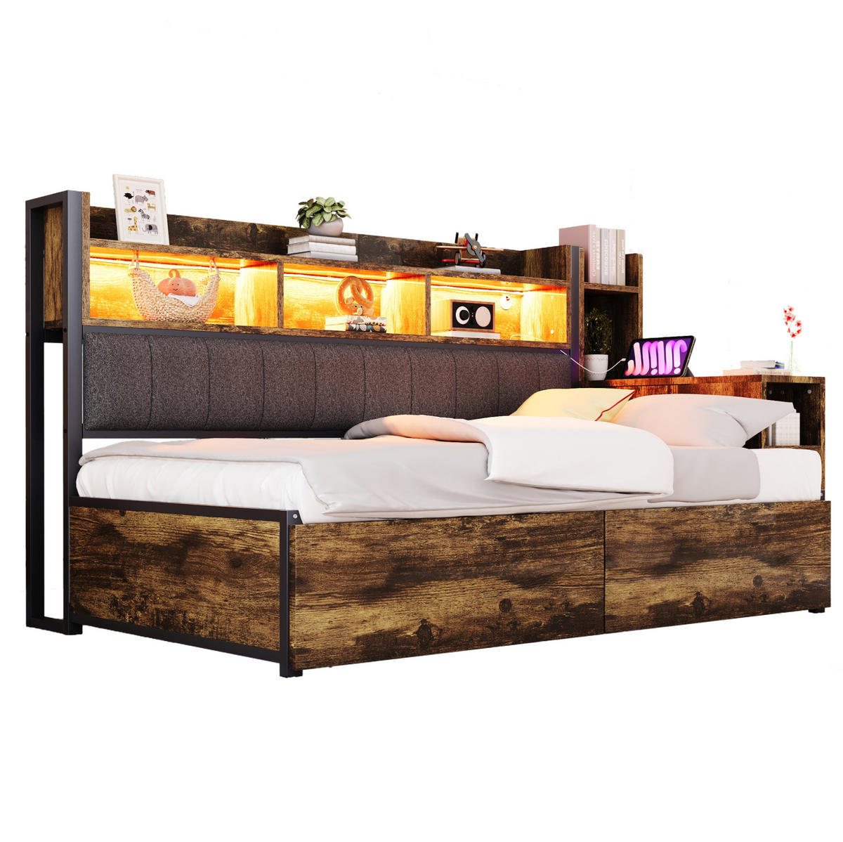 BETT 90/200 cm aus Metall mit Schreibtisch, Stauraum und Steckdosen, farbe - Naturfarben, Metall (90/200cm) - Redom