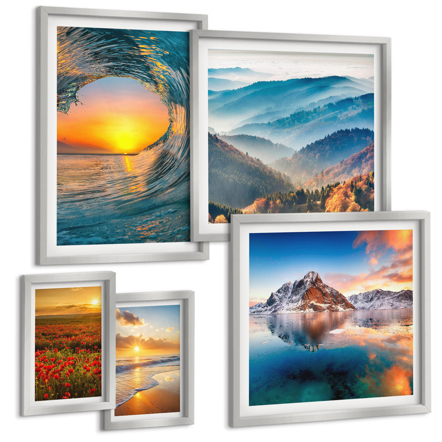 BILDER SET 5er Set - 50x50 cm & 20x30 cm & 40x60 cm Silberner Rahmen - Landschaften aus Bergen und Meeren im Westen - Silberfarben, Kunststoff (40/60cm) - TULUP
