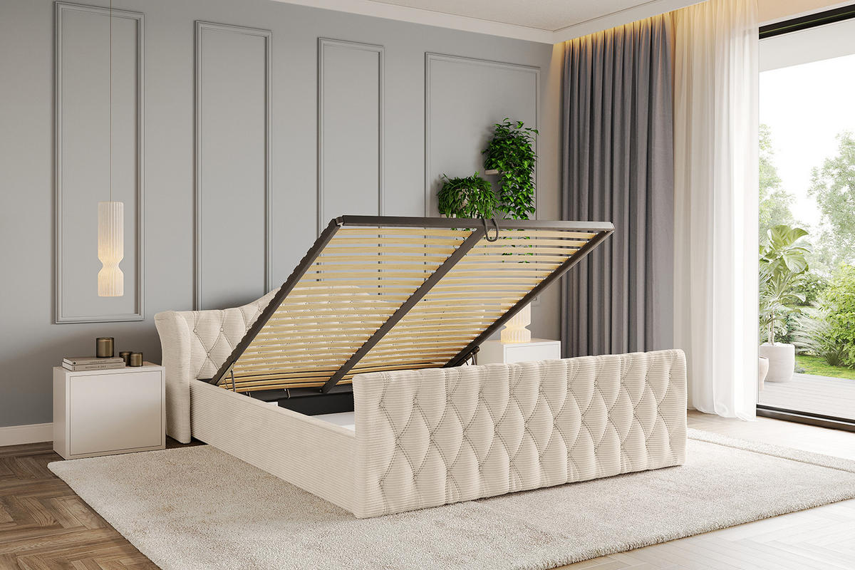 POLSTERBETT mit Bettkasten, Fußteil und Lattenrost, Boxbett mit Matratze H3/H4 - ZORAN-Z-V1 180x200 Beige - Creme, Holzwerkstoff/Textil (180/200cm) - ALTDECOR
