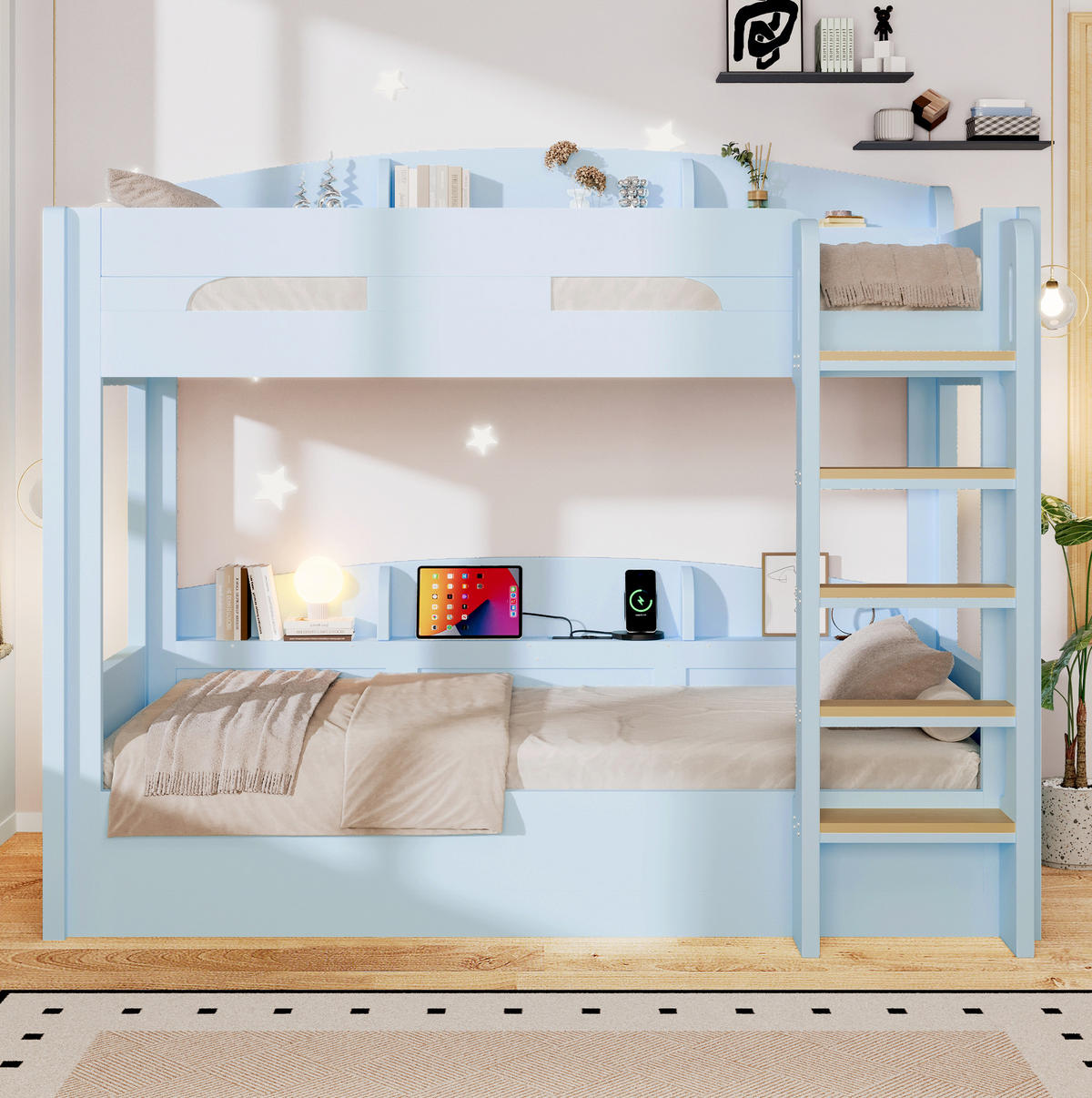 ETAGENBETT 90/200 cm Hellblau mit Ablagefächern und USB-Steckdose - Hellblau, Holz (90/200cm) - MIVRAY