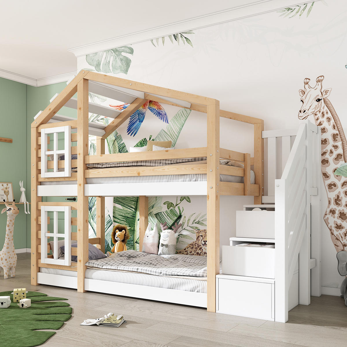ETAGENBETT 90x200 cm Natur Weiß mit Rausfallschutz - Weiß/Naturfarben, Holz (90/200cm) - FLIEKS