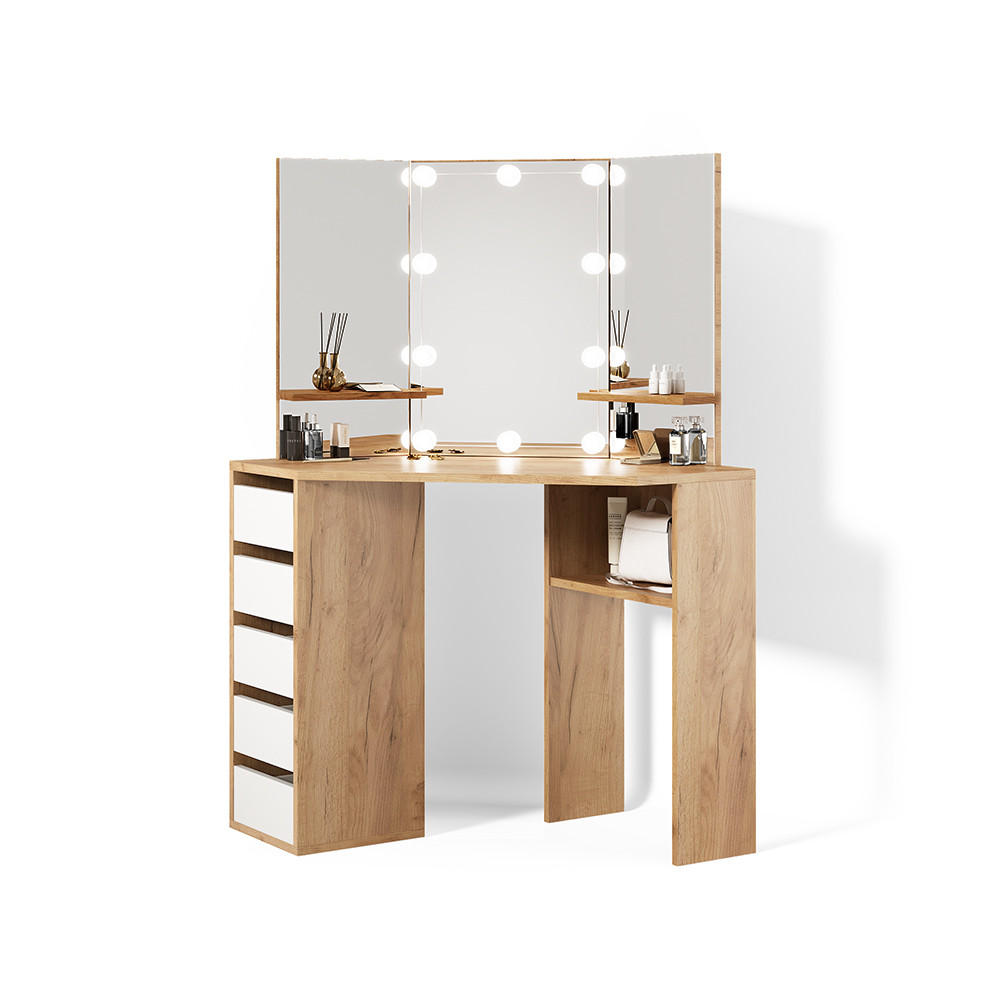 ECKSCHMINKTISCH Enna Goldkraft Eiche 110 cm mit LED Beleuchtung - Honigeiche, Holzwerkstoff (110/141.5/54cm) - Livinity®