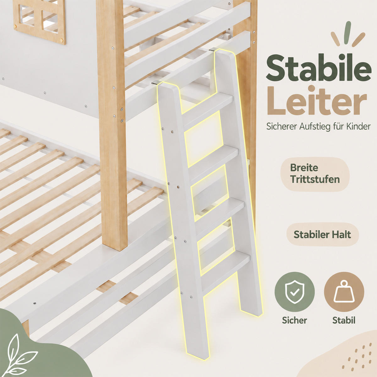 ETAGENBETT 90x200/140x200 mit Leiter, Dach/Rausfallschutz, Holz, Weiß/Natur - Weiß, Holz - LVHOM