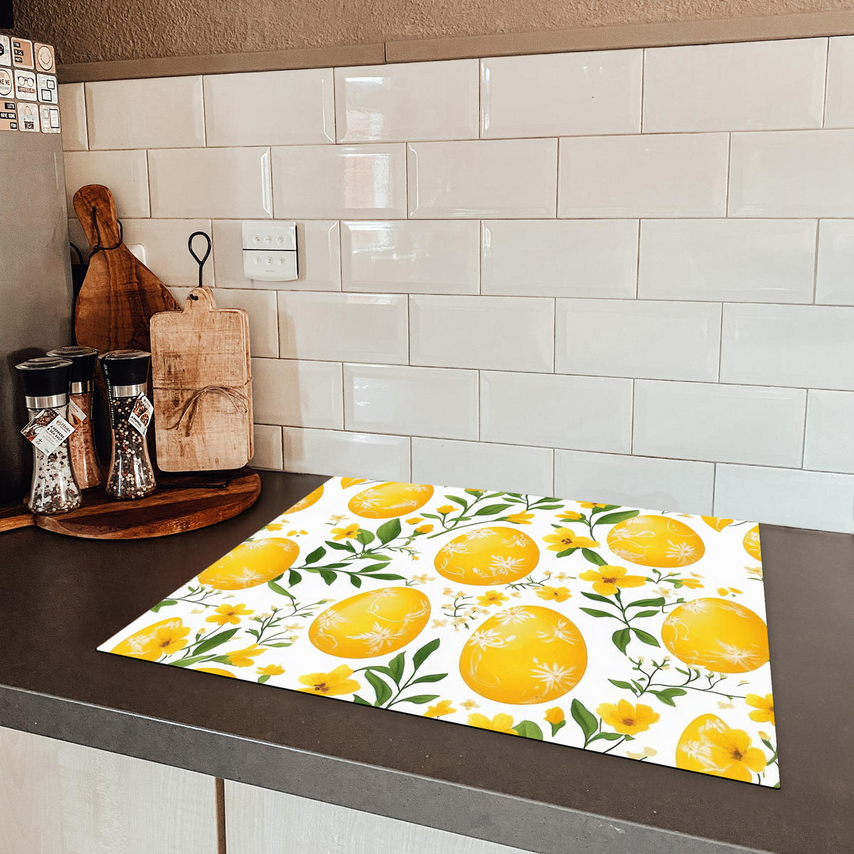 HERDABDECKPLATTE Blumen - Ostereier - Gelb Herdabdeckung Induktionsfeld 65x52 cm - Gelb, Kunststoff (65/52/0.2cm) - MuchoWow