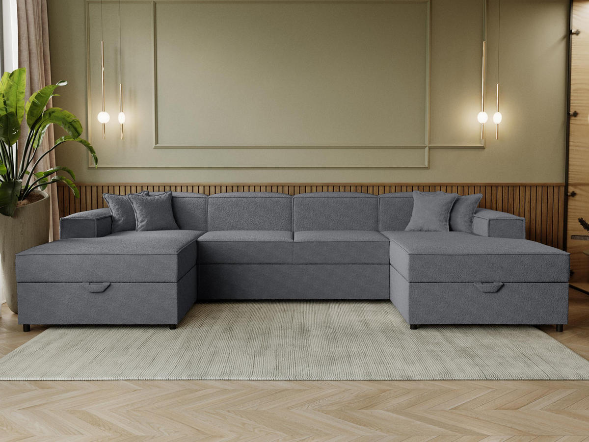 WOHNLANDSCHAFT Santos U Boucle - Dunkelgrau/Schwarz, Holzwerkstoff/Kunststoff (320/79/166cm) - MIRJAN24