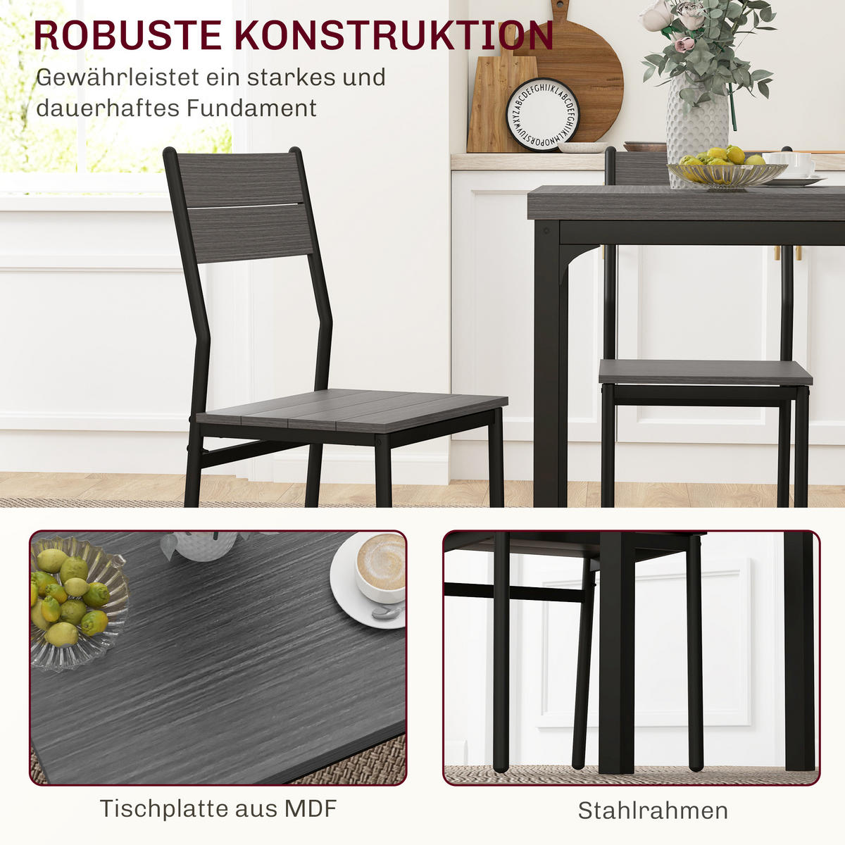 ESSGRUPPE MDF Metall Grau - Schwarz/Braun, Holzwerkstoff (60/76/60cm) - HOMCOM
