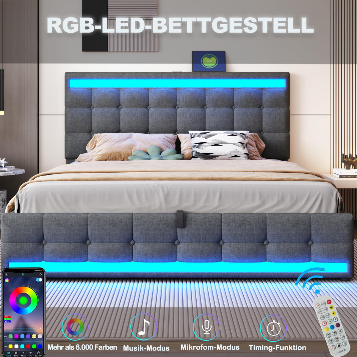 POLSTERBETT 180/200 cm mit RGB-LED, USB-Anschlüssen und verstellbarem Kopfteil, Grau - Grau, Textil (180/200cm) - Redom