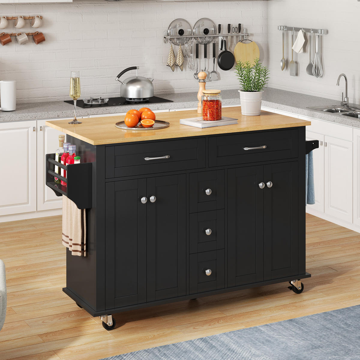 KÜCHENINSELWAGEN 140x65x89cm Schwarz mit ausklappbarer Platte, Schubladen & 5 Rollen - Schwarz, Holzwerkstoff (140/89/65cm) - Modfu
